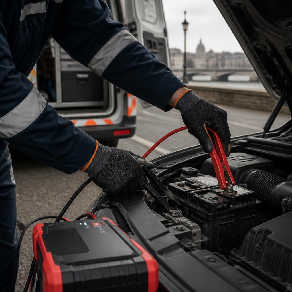 Jumper leads connected to a car battery during roadside assistance.