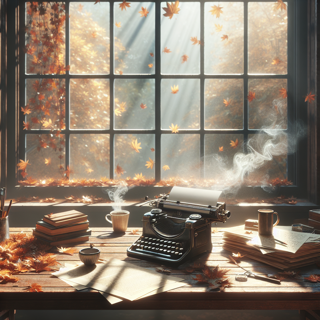Cozy writer's desk with a typewriter and coffee on an autumn day.